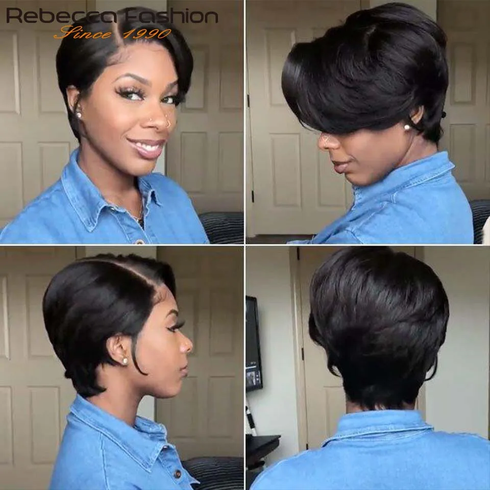 Short Cut Pixie Straight Bob T Part Lace Wig Remy Human Hair With Bangs For Women Pre Plucked Glueless Natural Color