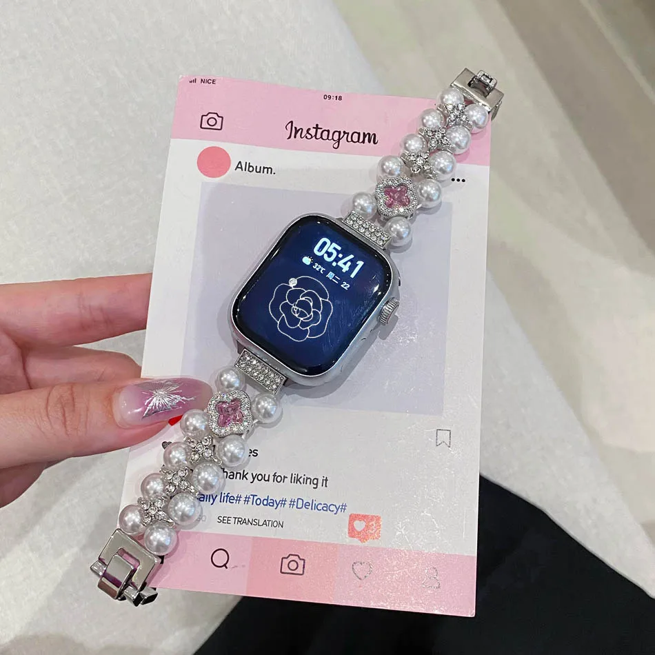 Pearl Four-leaf Clover Zircon Strap for Apple Watch Band Series 10 9 8 7 6 SE 5 4 Ultra iwatch 46mm 42mm 38-49mm Women Bracelet