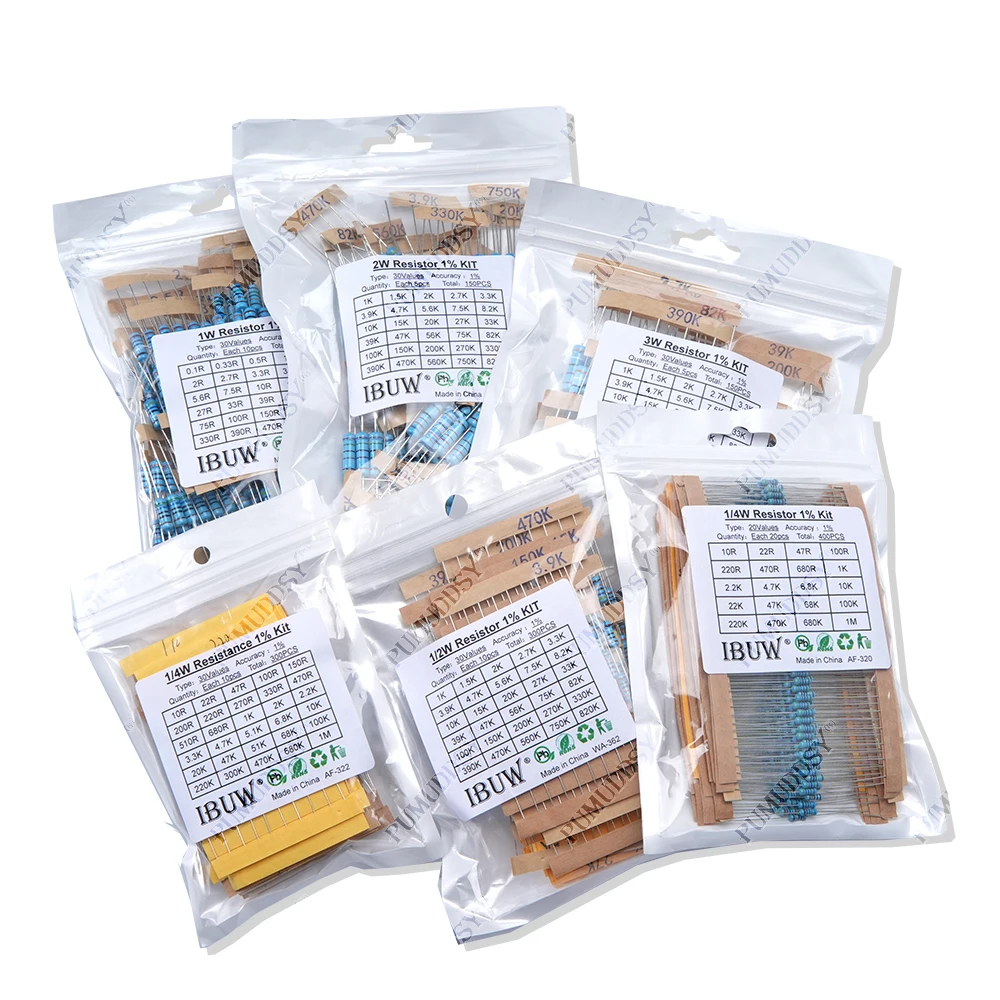 300PCS/Set 30 Kinds 1/4W 1/2W 1W 2W 3W Resistance 1% Metal Film Resistor Pack Assorted Kit 0.1R-750R 1K-820K Resistor 150PCS/Set