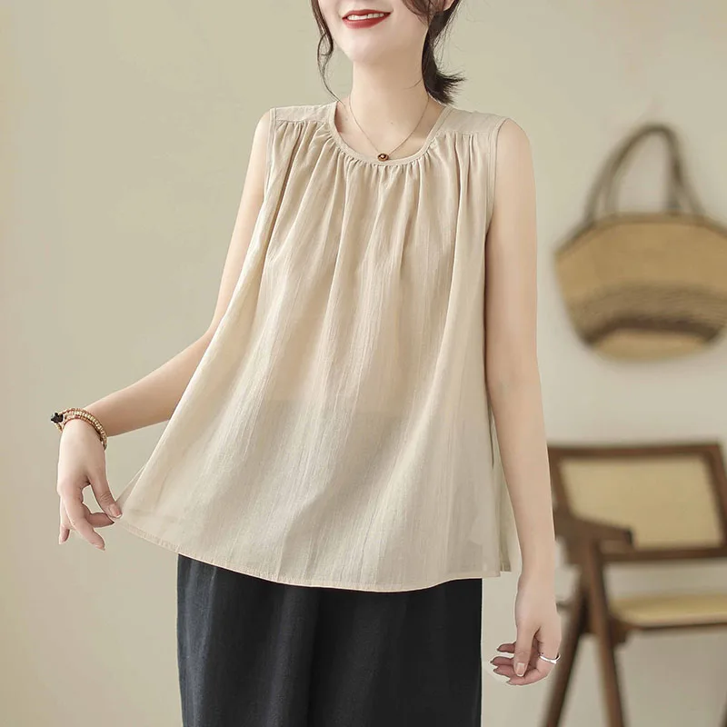Elegant Cotton Linen Sleeveless Doll Shirt Women's plus Size Summer Casual Thin Design Sense Small Batch Trendy Top