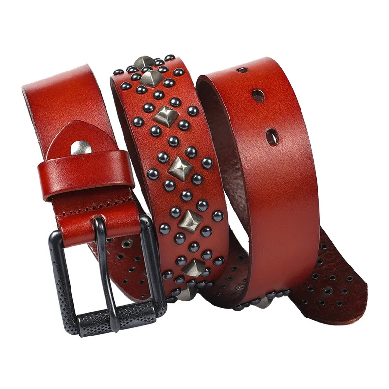 men's fashion rivets belt genuine leather studded belts punk hip hop strapon women pin buckle waistband designer cool sash leash