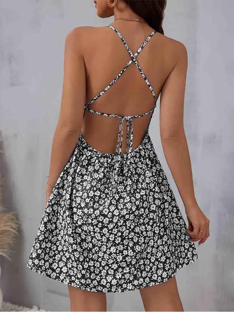Summer Cami Dress with Small Flower Prints Backless Design Thin Spaghetti  Straps Beach Vacation Suitable Women's Fashion - AliExpress 200000345
