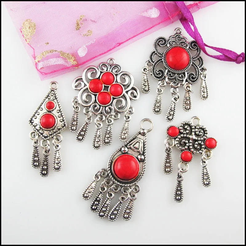 Fashion New Red Turquoise Stone Charms Flower Teardrop Crown Shield Tibetan Silver Plated Tassels Pendants Retro