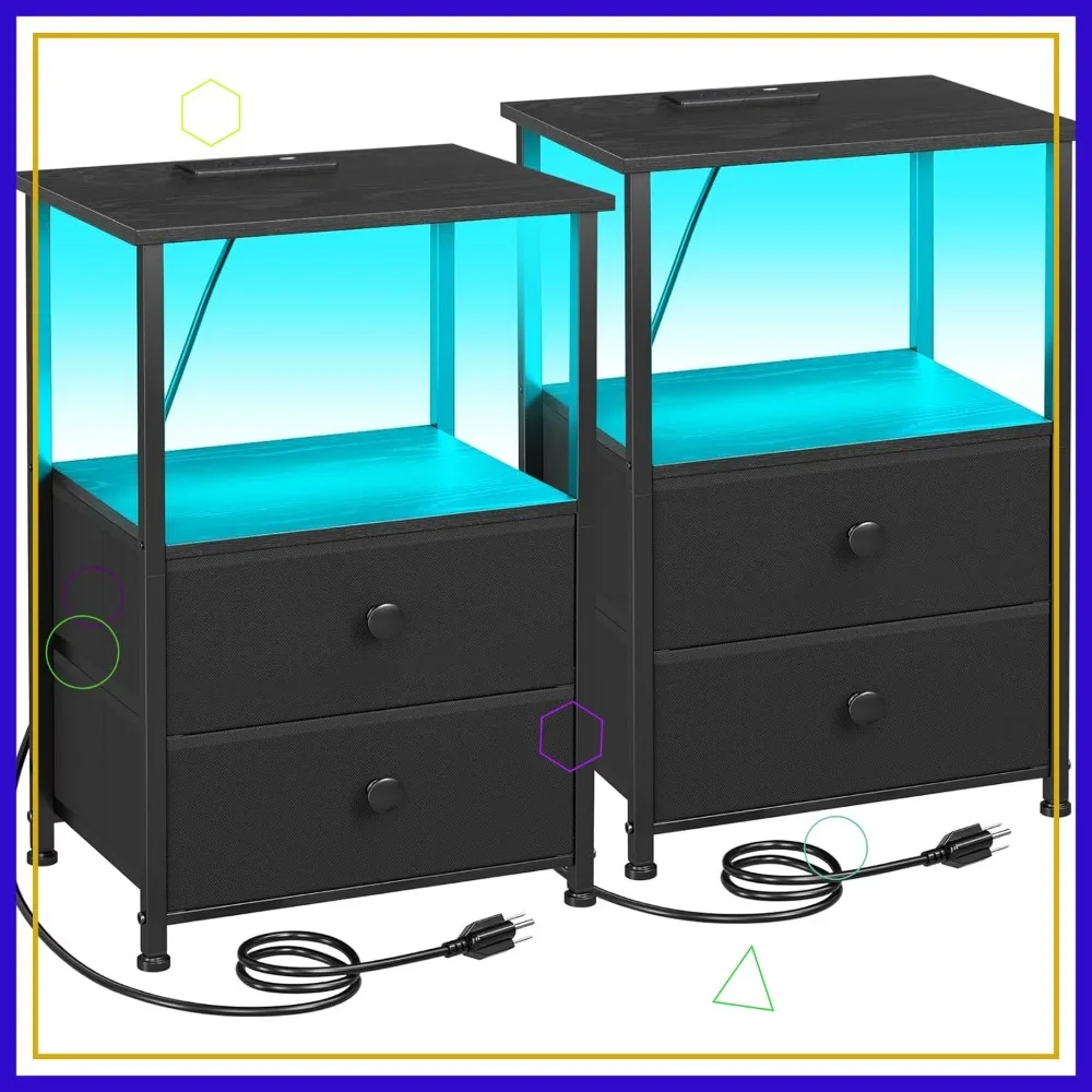 طقم منضدة LED مكون من قطعتين مع قاعدة شحن وتخزين، وطاولة بجانب السرير حديثة للمساحات الصغيرة باللون الأسود