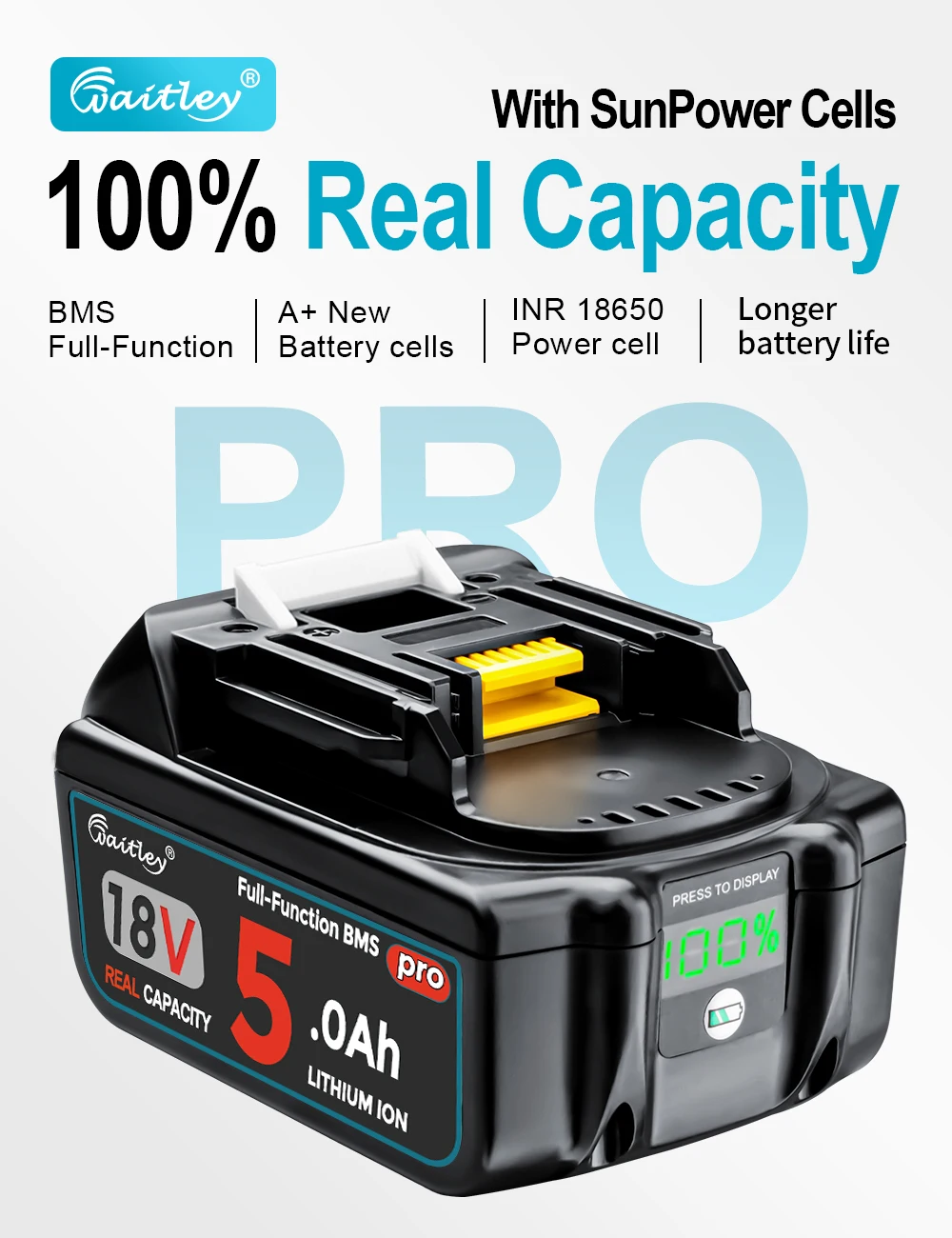 Waitley 5Ah Akku Pro für Makita 18V Elektrowerkzeuge, wiederaufladbare Akkus mit SunPower-Zellen / Ersatzzubehör BL1850 – Detail 3