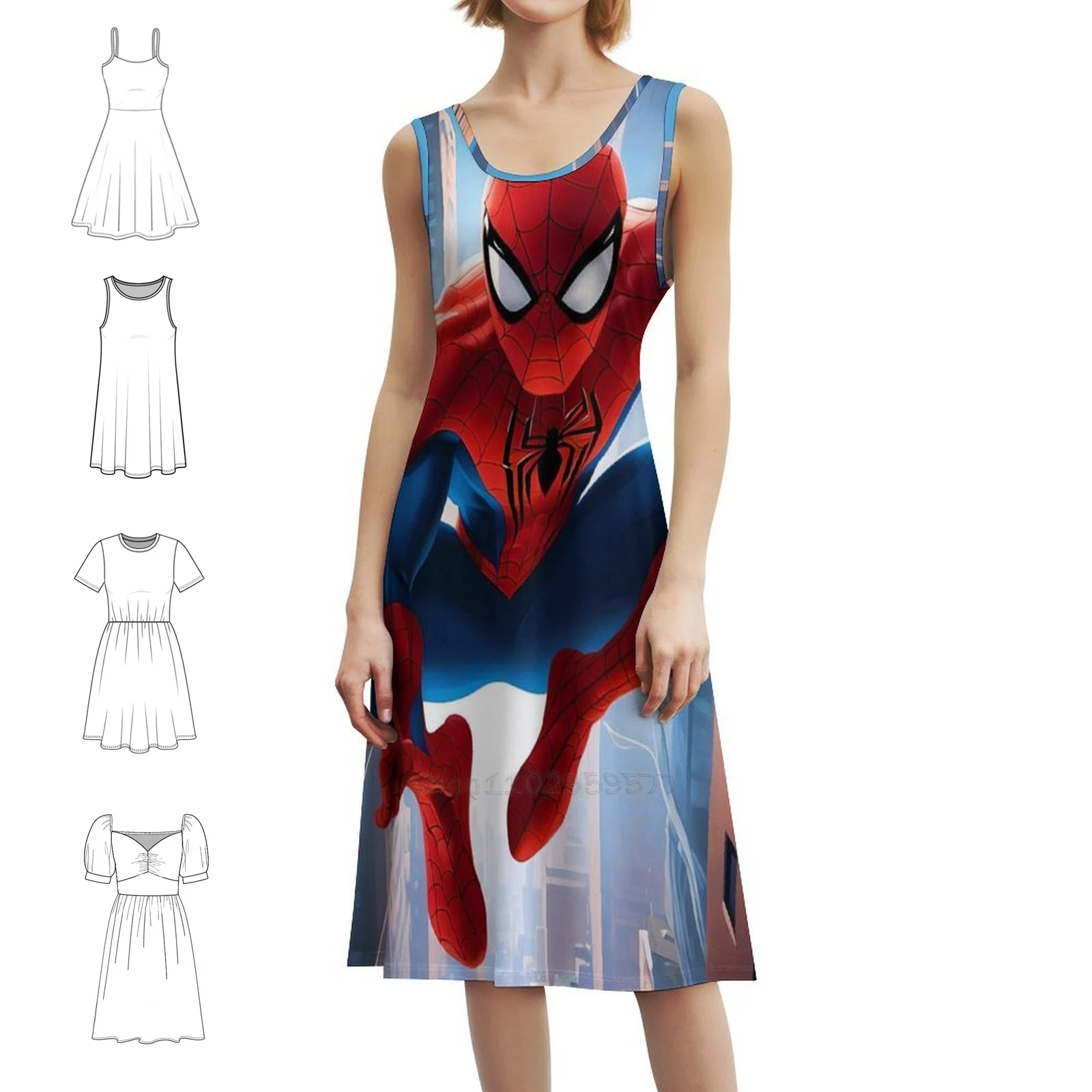 فستان العطلة المثير من السلسلة المتحركة 3 للنساء على الشاطئ وحفلات أعياد الميلاد فستان قصير من سلسلة الرسوم المتحركة ويب أزرق أحمر أسود للمرأة