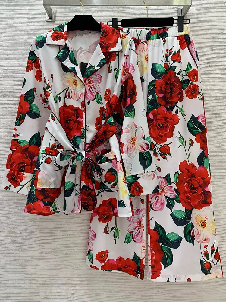 

Spring 2026 new fashion two-piece single-breasted long-sleeved shirt+elastic waist wide-leg trousers elegant printed women's sui