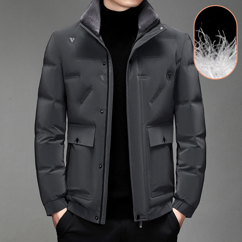 High-end Quality White Duck Down Down Jacket Men Winter Coat Fur Collar Zip Long Sleeve Business Casual Puffer Windproof Pocket