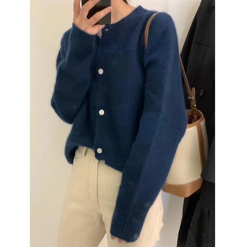 Fashion Joker Round Neck Knitted 100 cashmere cardigan women\'s spring and autumn lazy loose sweater bottoming wool coat