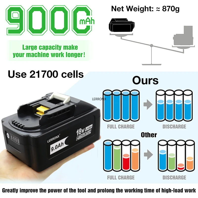 21700 Cell Balanced Version 18V 9000mAh Li-ion Rechargeable Battery for Makita BL1890 BL1860 BL1840 BL1850 BL1830 LXT400 BL1815