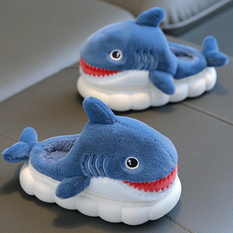 New Winter Cute Cartoon Shark Shaped Cotton Slippers Children\'s Non-slip Soft For Kids Girls And Boys Baby Warm Plush Home Shoes