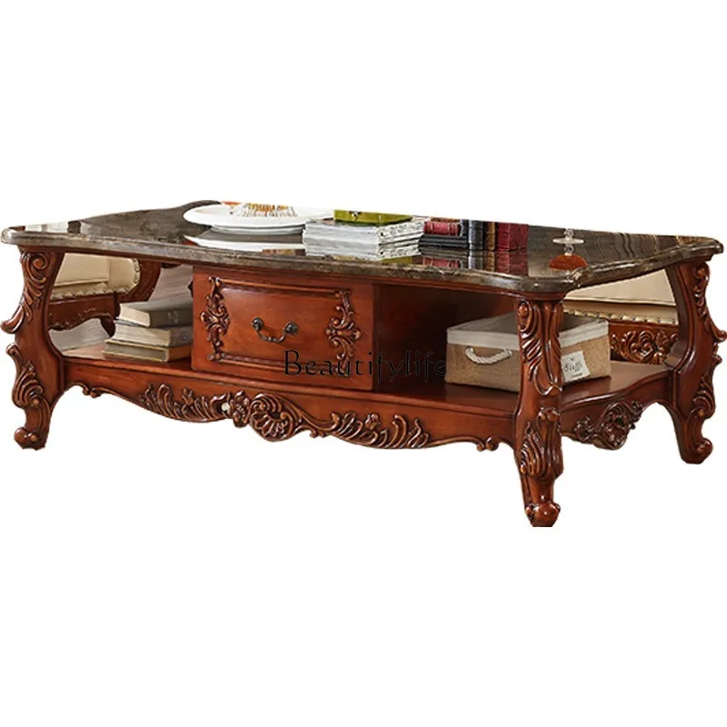 

American solid wood carving flower marble coffee table