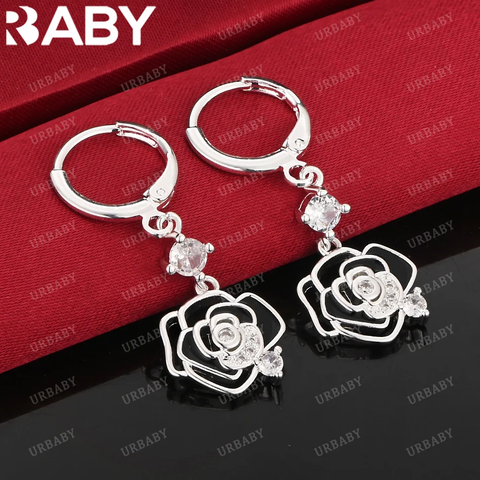 

URBABY 925 Sterling Silver Earrings Rose Flower Zirconia Drop Earrings For Women Jewelry Fashion Party and Daily Wear