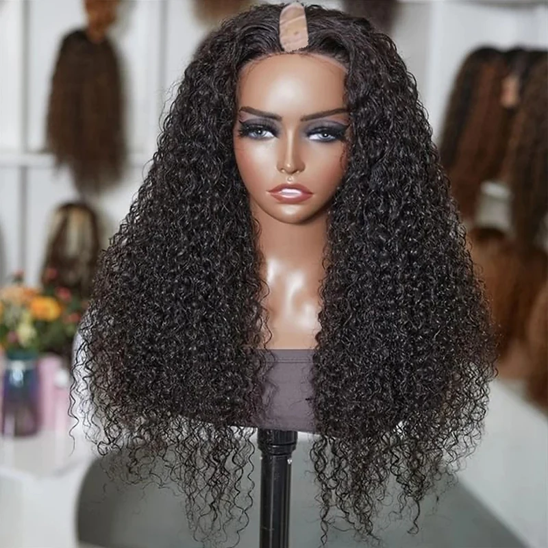 Afro Black Women Virgin Human Hair Kinky Curly U Part Full Machine Made 250%Density Wigs Daily Wear Natural Glueless V Part Wigs