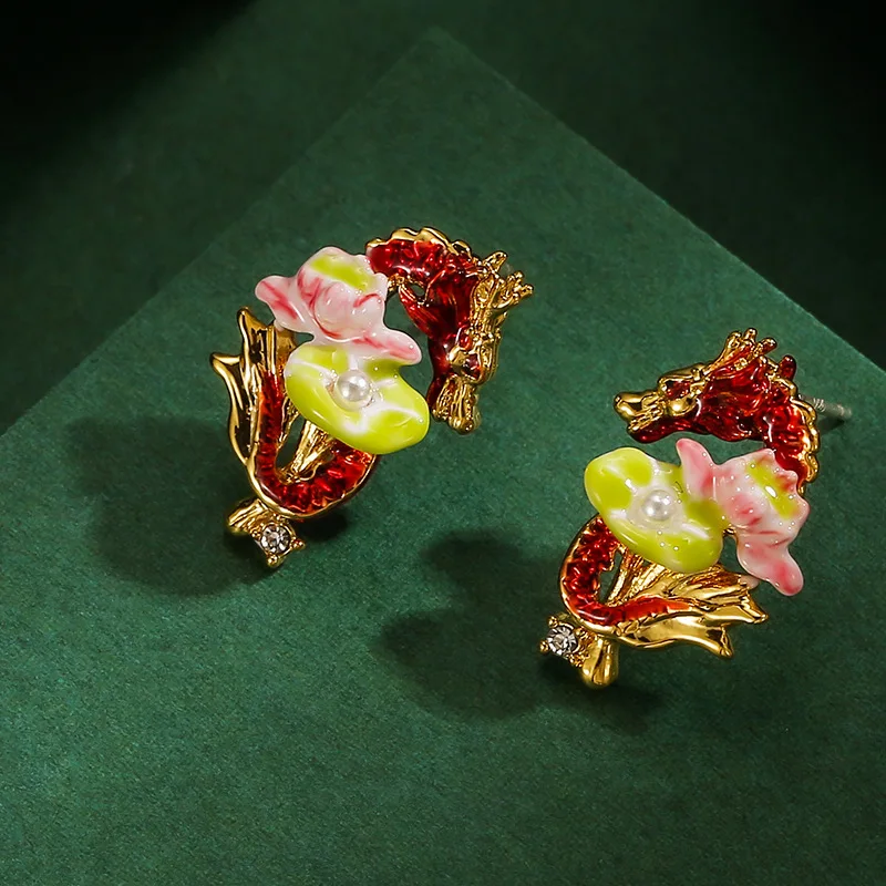 

Original Fashion Temperament Enamel Glaze Rhinestone Pearls Lotus Flowers Lotus Leaves Red Zodiac Dragon Stud Earrings for Women