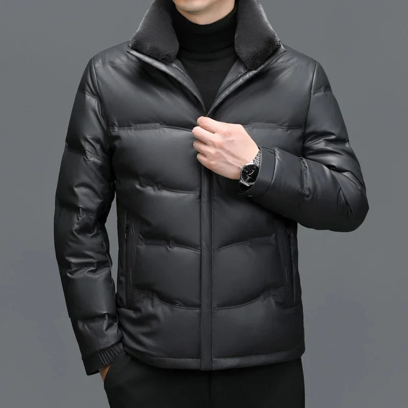 ZDT-8053 Winter Men\'s Sheepskin Down Coat With Plush And Thickened Short Wool Standing Collar Casual Genuine Leather