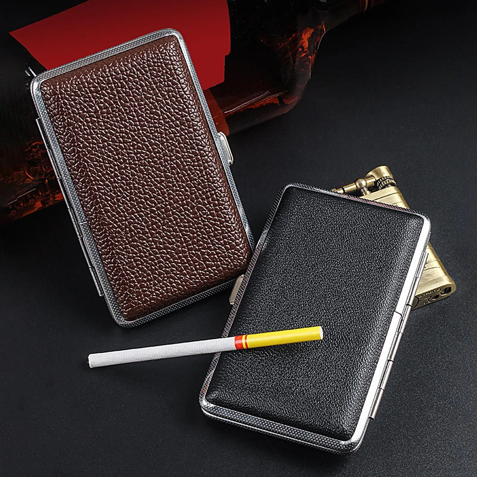Portable Leather Cigarettes Case 20-piece Cigarettes Carrying Box Metal Frame Cigarettes Holders Flexible Slim Cigars Box