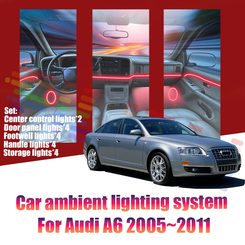 Luces LED Ambientales para Audi A6 2005~2011 4F C6, Luces de Atmósfera Coloridas, Tira de Neón Interior para Auto, Iluminación RGB de 64 Colores, Accesorios para Auto