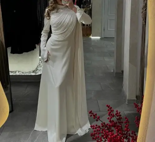 

Womens Dresses 2025 Spring Autumn New Women's Pleated Irregular White Long Sleeved Casual Mock Neck Temperament Slim Long Dress