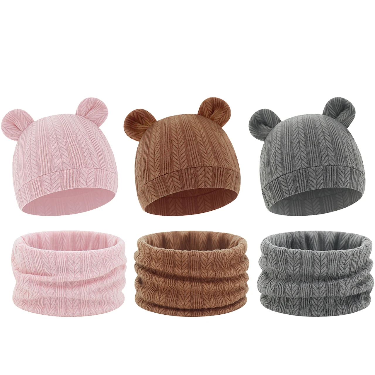 Bear Ears Baby Hat+Knit Scarf Set Autumn Winter Warm Kids Pullover Cap 0-6Month Newborn Beanies Double-Sided Neckerchief Collar