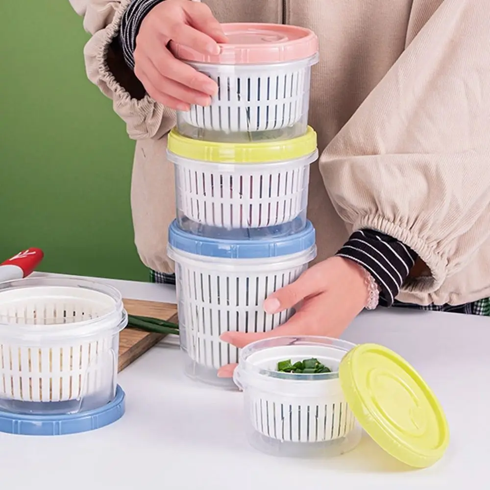 Plastic Round Drain Storage Box Double Layer Sealed Kitchen Scallion Crisper Fresh-Keeping Dustproof Refrigerator Storage Box