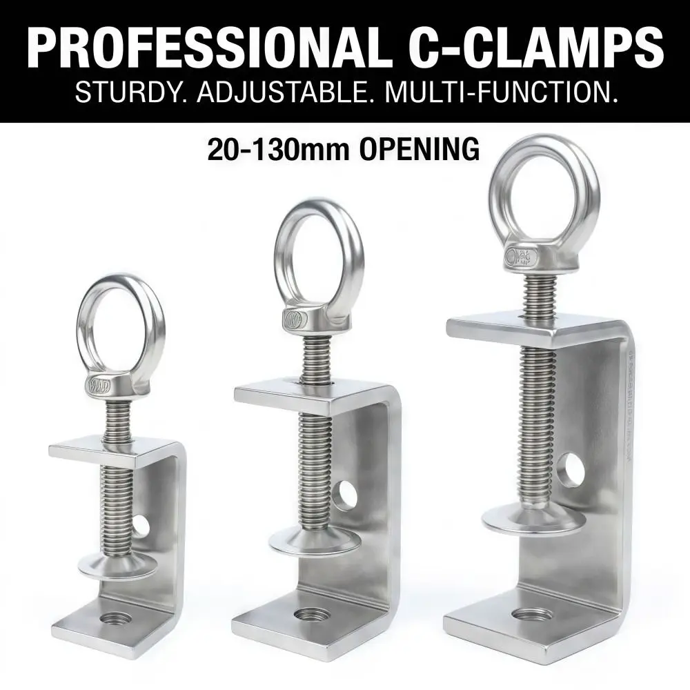 1pc 304 Stainless Steel C-clamp Pull Ring 20-130mm Opening Square Clamp Sturdy Adjustable Fixed Holder Clip Hardware Fasteners