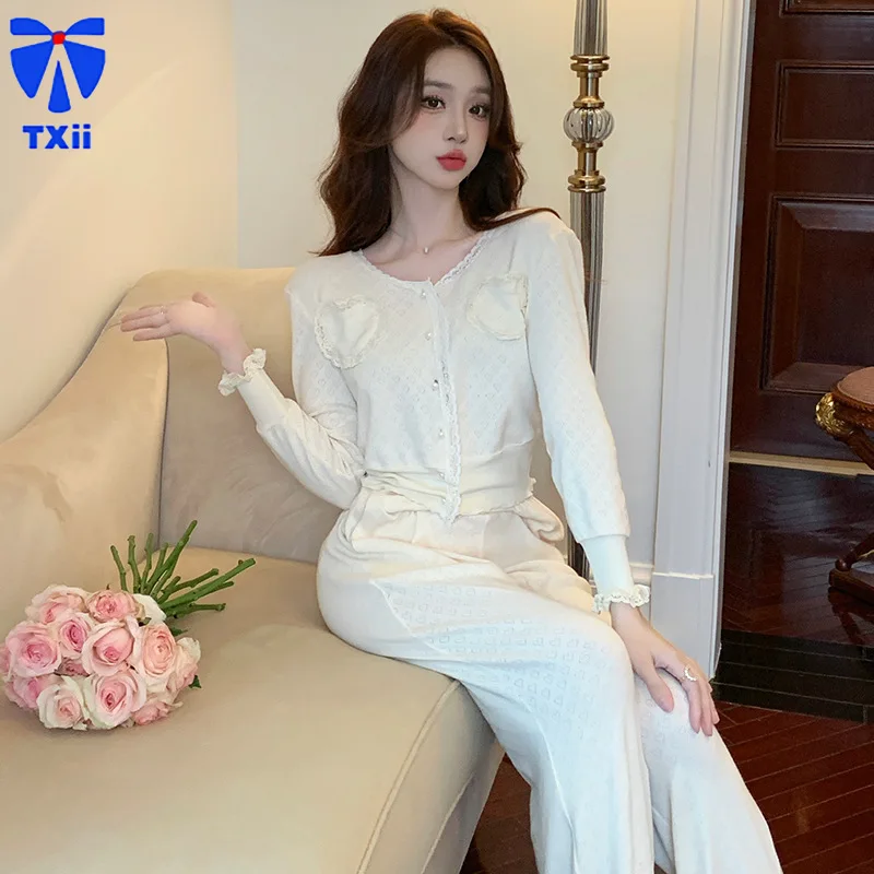 

TXii French Pajamas Slim-fit Women's Autumn 2024 New Jacquard Pure Cotton Simple Pure Style Home Clothes Two-piece Suit