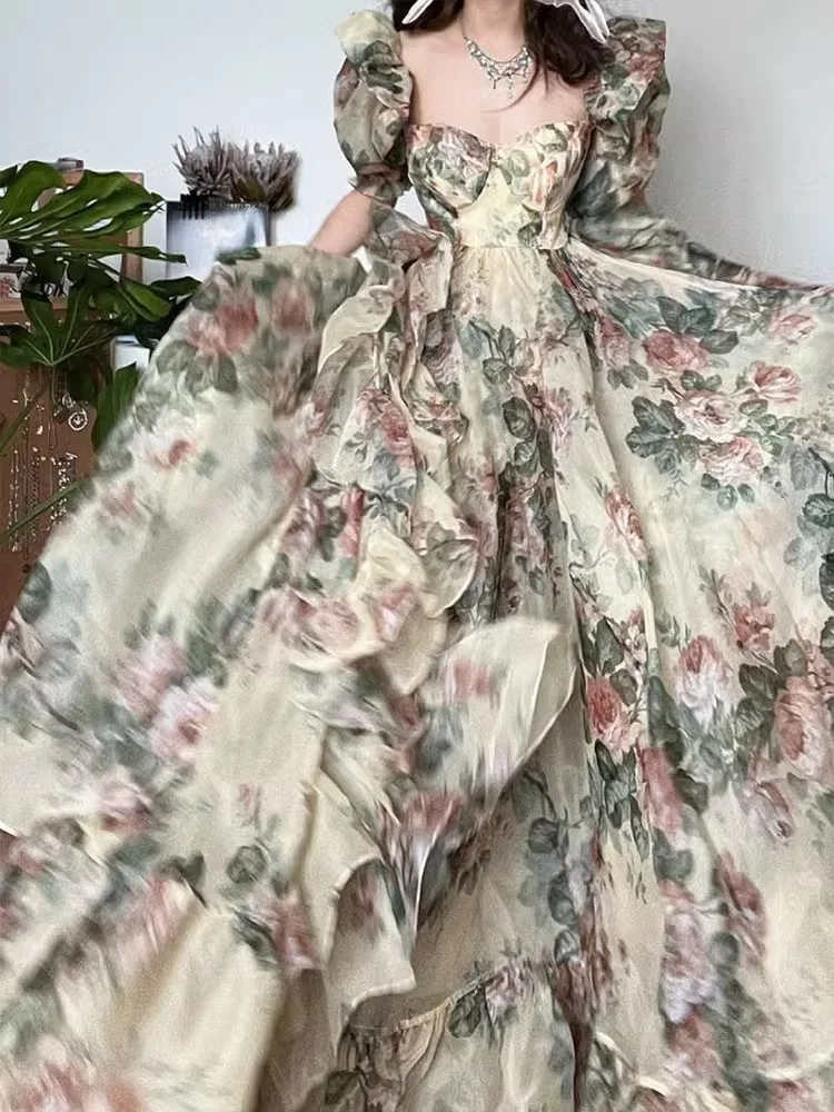 Vestido de Novia Colorido con Rosas, Vestido Largo con Parte Inferior Amarillo Claro para Mujer, Vestido de Playa para Vacaci...