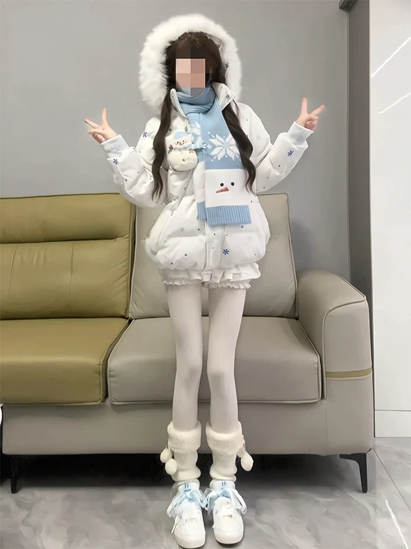 

Korean Style Sweet Cute Snowman Hooded Cotton Jacket Winter Thickened Warm Fur Collar Coat Zipper Closure Long Sleeve Polyest...