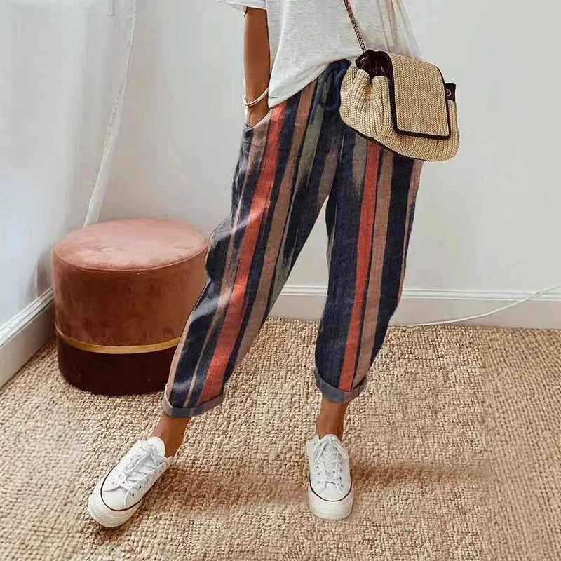 2025 European Beautiful Woman Printed Cotton and Linen Craft Pocket Casual Pants Trousers Cross-border