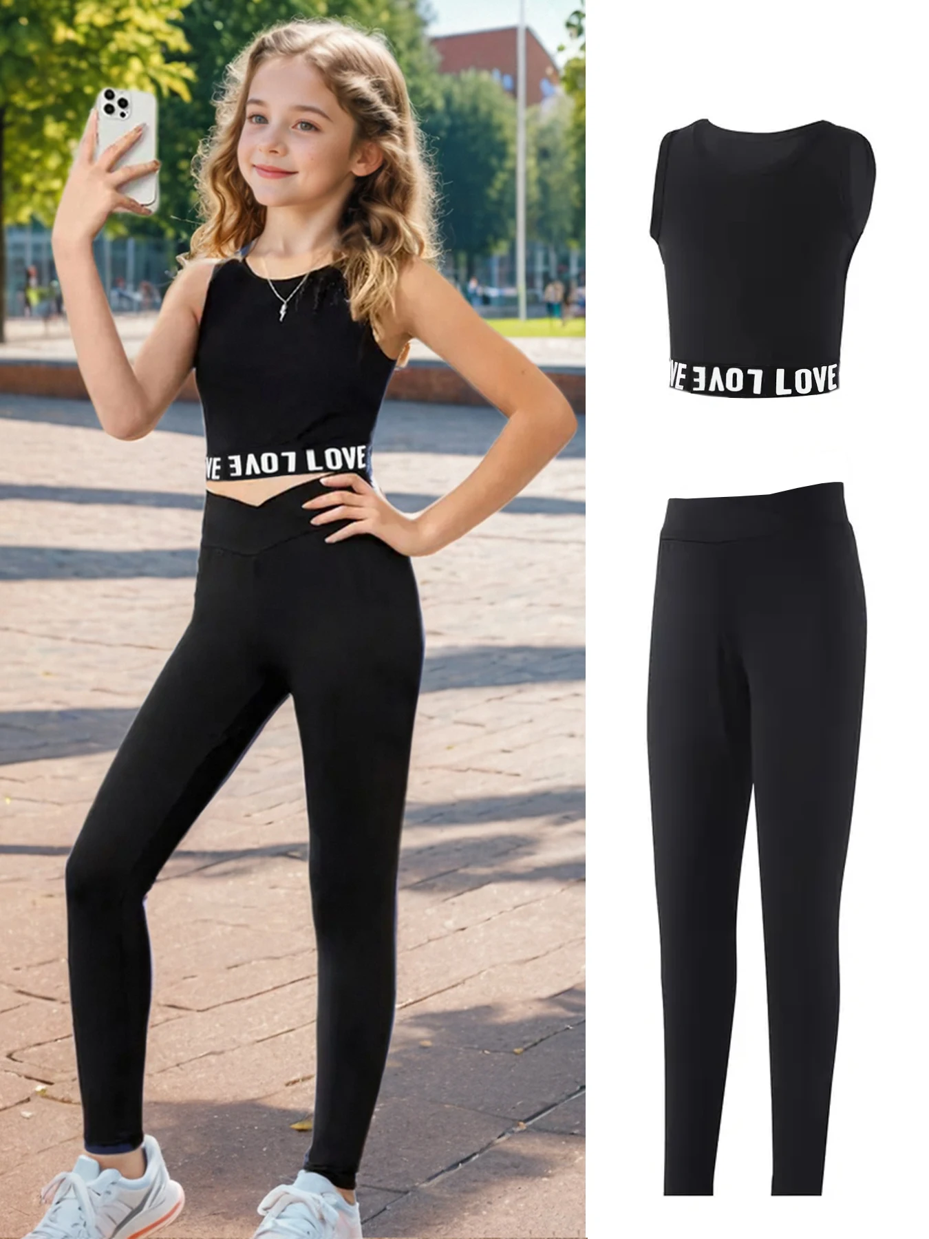 Girls 2 Piece LOVE Print Outfit Sleeveless Crop Top & High Waist Leggings Kids Sporty Casual Set
