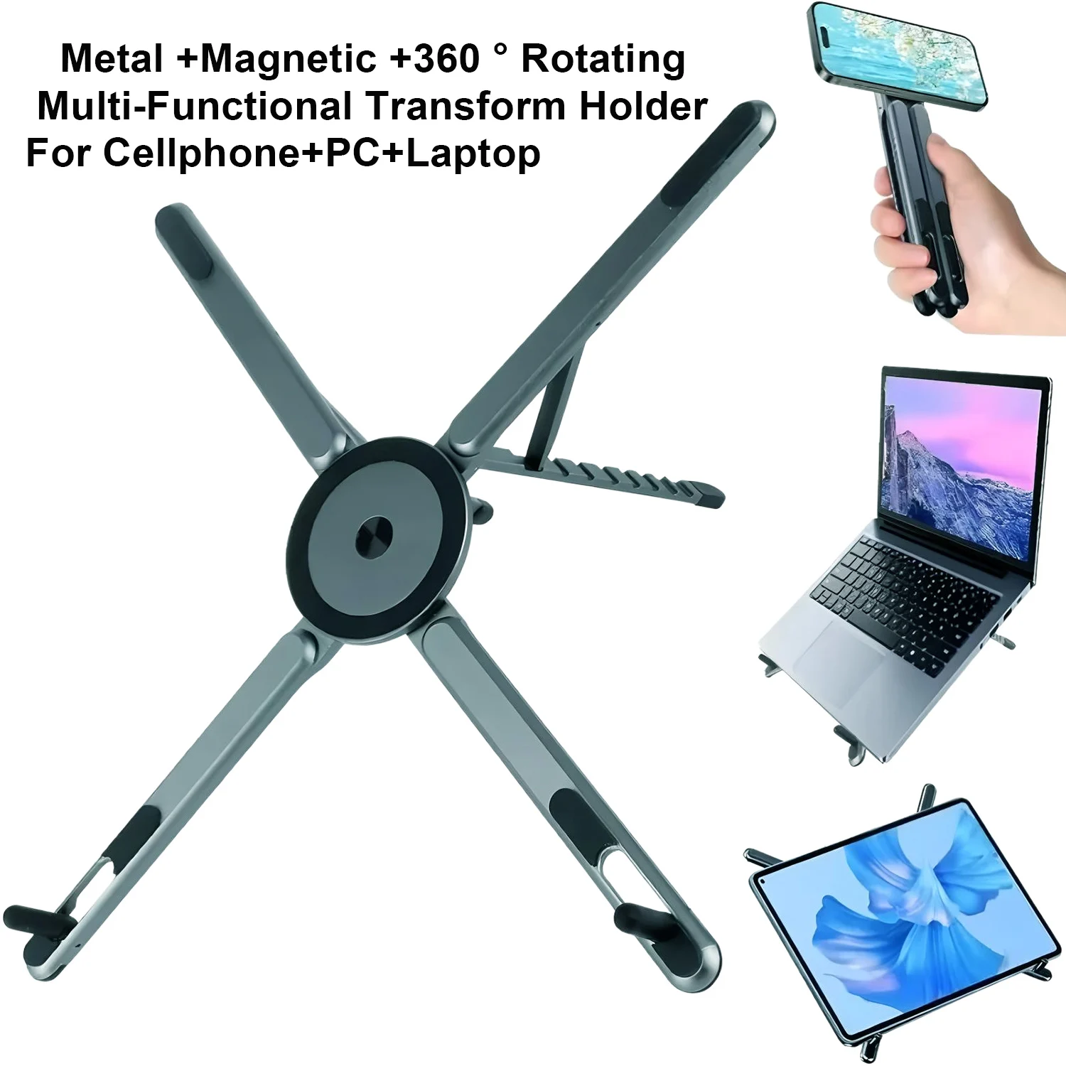 Portable Magnetic Phone Holder & Selfie Stick 3-in-1 Foldable Tripod Stand for iPhone iPad Tablet Laptop Desktop Use