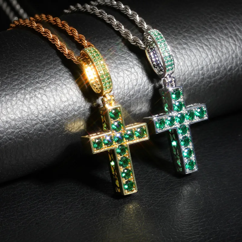 Blue/Green Cubic Zirconia Paved Bling Iced Out Two Side Can Wear Cross Pendants Necklace for Women Men Hip Hop Rapper Jewelry