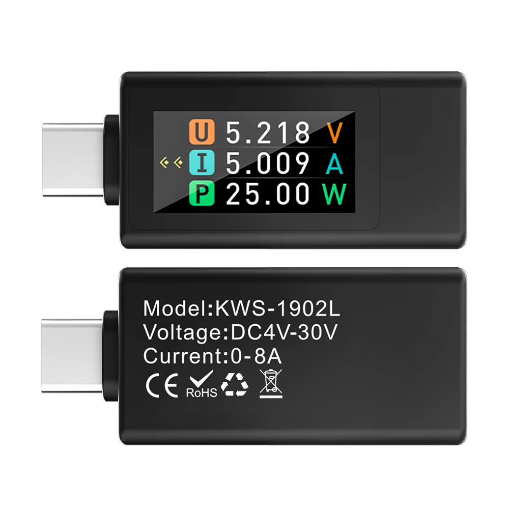 

DC 4-30V Type-C Voltmeter Ammeter 0.96" Inch TFT Digital Voltage Current Power Meter 0-8A Power Off Memory Phone Charger Tester