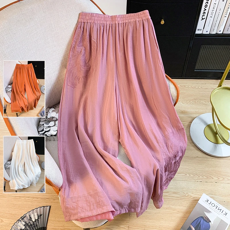 Ele Embroidered High Waist Wide Leg Casual Pants Women's plus Size Straight Cut Faionable Drapey Slimming Trousers