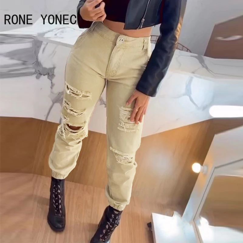

Women Casual Solid Ripped Hole Decoration Multi Pocket Design Ankle Length Cargo Pants