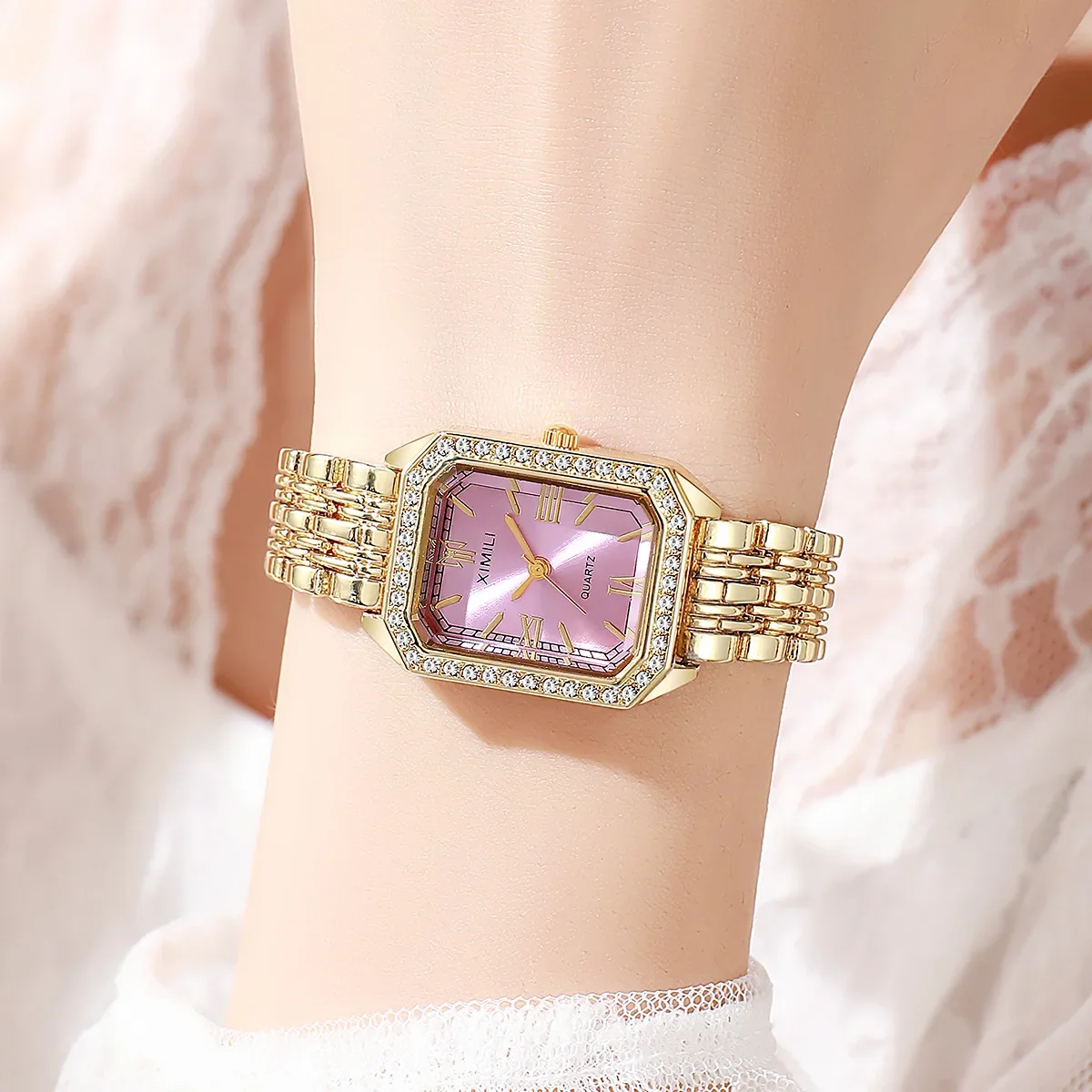 XIMILI Summer New Ladies Vintage Roman Numerals Rhinestone Dial Steel Strap Student Casual Quartz Watch