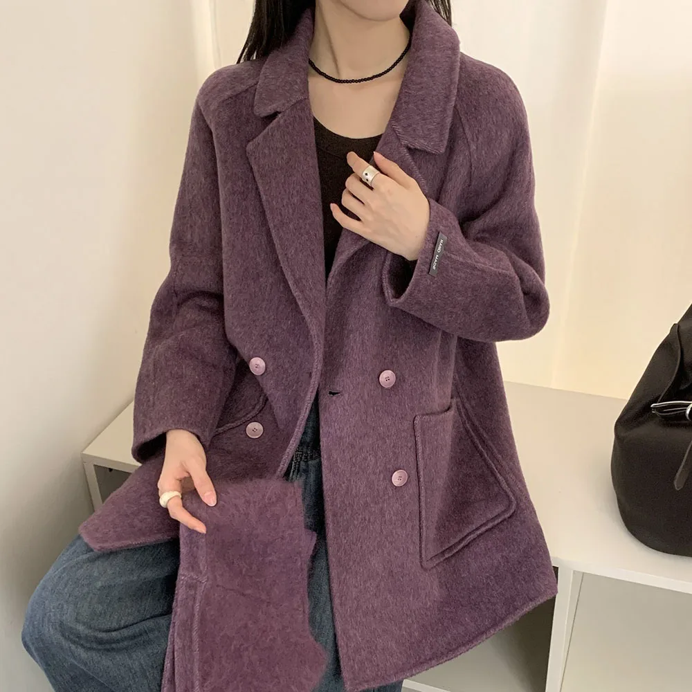 TWOTWINSTYLE Fluffy Spliced Pocket Loose Jacket for Women Lapel Collar Long Sleeve Patchwork Double Breasted Jackets Female New