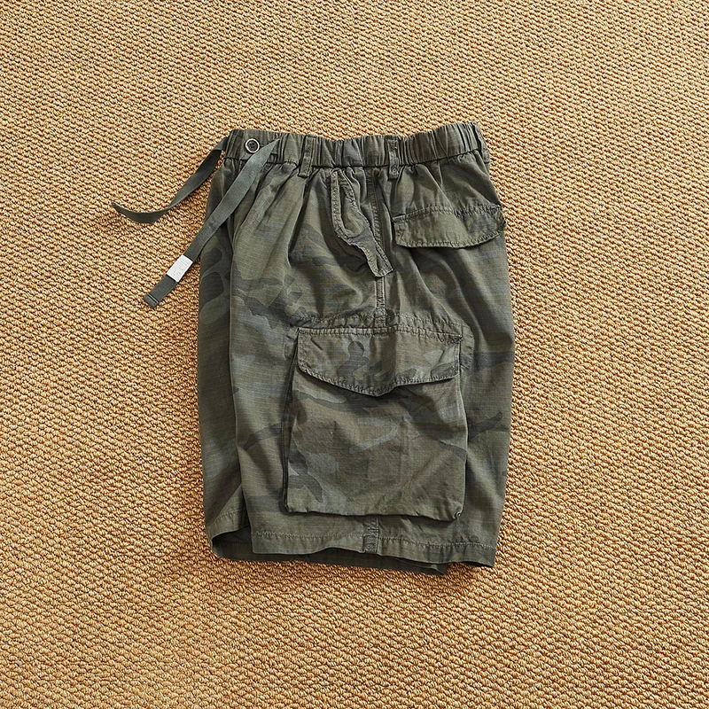 2025 Summer New American Retro Woven Multi-Pocket Camouflage Cargo Shorts Men's 100% Cotton Washed Casual Straight 5-point Pants