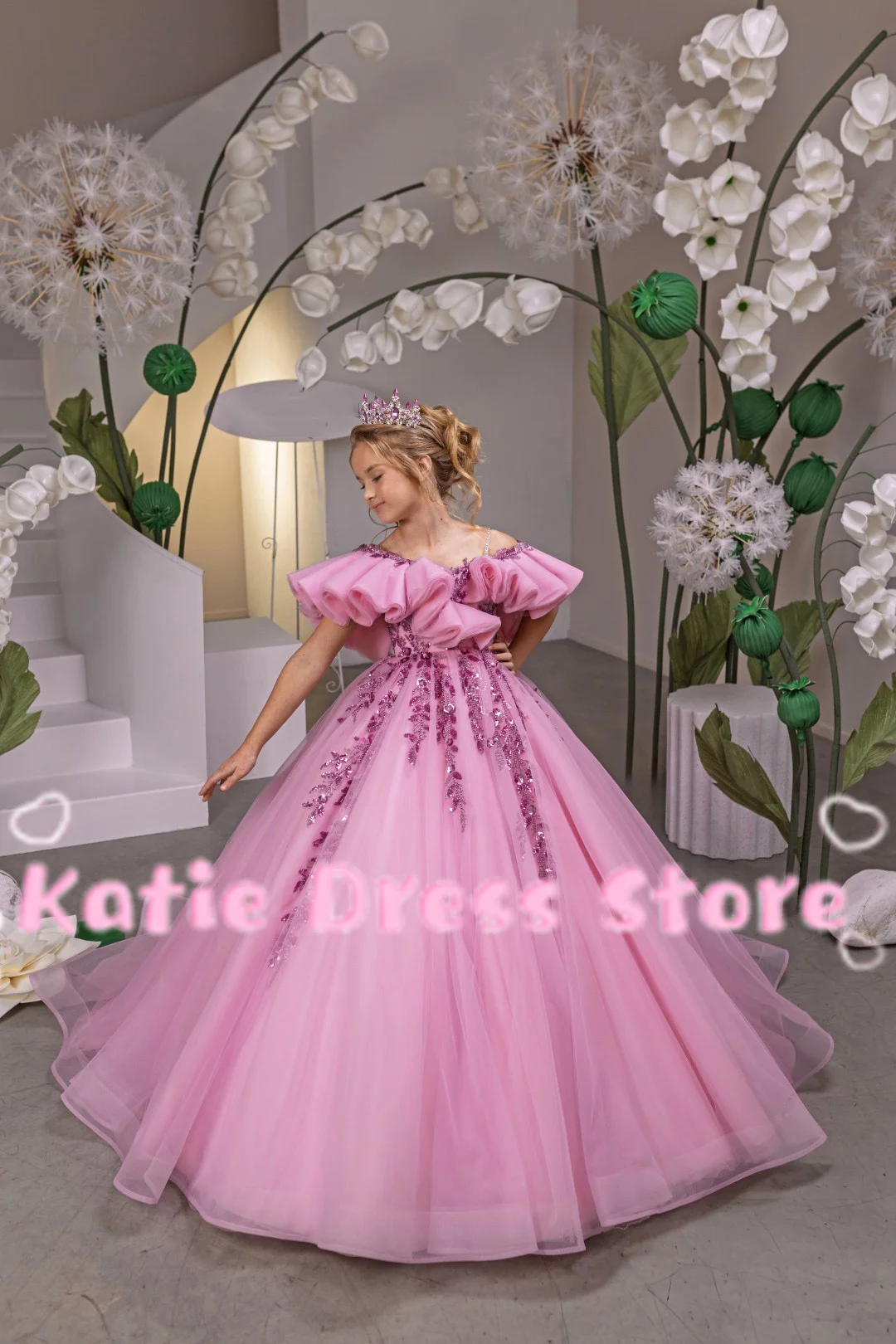 

Flower Girl Dress For Wedding Tulle Puffy Beading Applique Elegant Kids Birthday Party First Communion Ball Gowns Customized