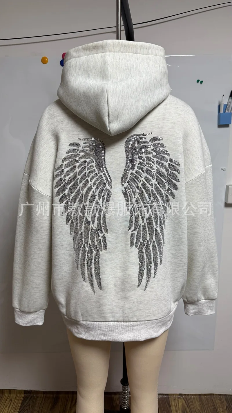 Modische Casual Sweatshirt Herbst Winter Einfarbig Vielseitig Lose Flügel Pailletten Mantel Lange ärmeln Pullover Frau Kleidung