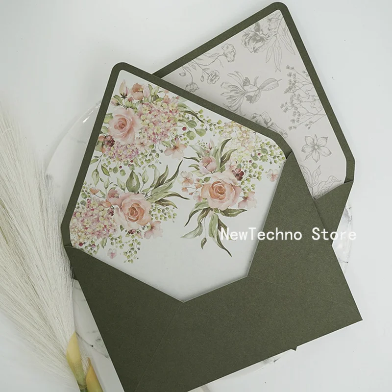 Avocado Green Series Vintage Envelopes Wedding Invitations Printing Lining Envelopes Invitation Stationary Paper Envelopes