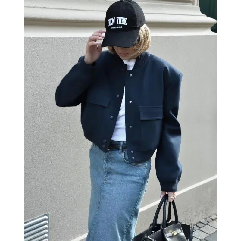 Women Lapel Collar Cropped Jacket Multi Pockets Long Sleeve Casual Solid Color Loose Outerwear Coat