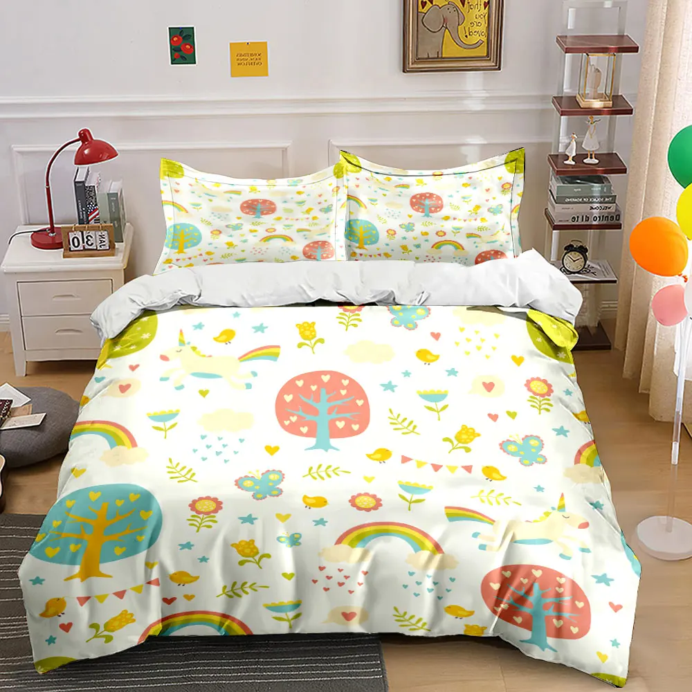 Fantasy forest with rainbow unicorn Print Soft Comfortable Duvet Cover Bedding Set Included 1*Duvet Cover 2*Pillowcases