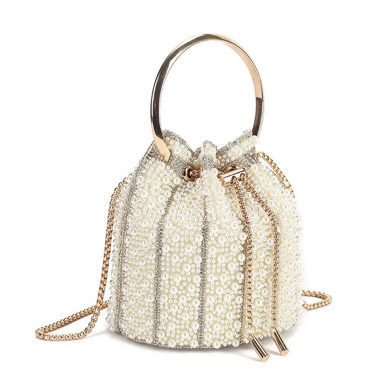 

New Women's Pearl studded Diamond Party Banquet Bag Mini Tassel Bucket Bag Luxury Shining Handbag Chain Crossbody Bags