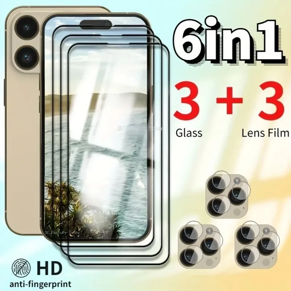 3Pieces Tempered Glass Screen Protector With 3 Pieces of Lens Film For IPhone 11 Pro Max 12 13 Mini Pro 14 15 Plus Pro Max Glass