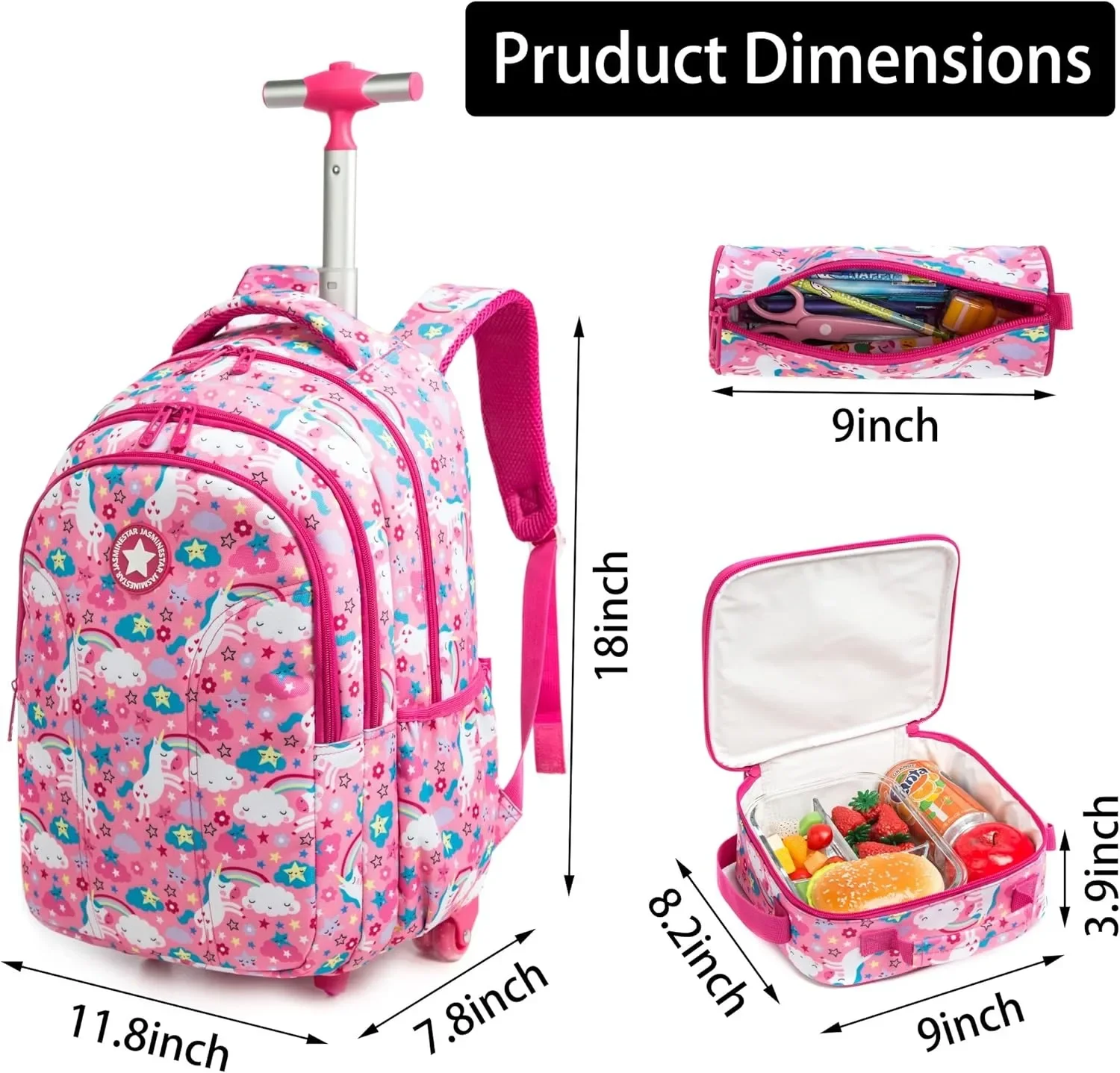 Girls School Backpack Child Wheeled Bag Set for Boys Roller Bag Rolling Luggage School Trolley Backpack with Lunch Bag Insulated