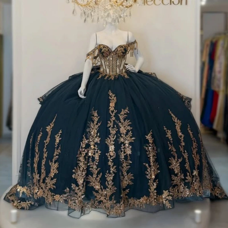 Navy Blue Glitter Quinceanera Dresses Off Shoulder Ball Gown Sweet 16 Dress Gold Applique Lace Beads Bow Tull Party Birthday Ves