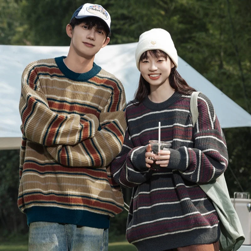 

Retro Striped Soft Pullover Sweater Men Women Couple Model Autumn Winter Japanese Loose Lazy Wind Knit Sweater Warm