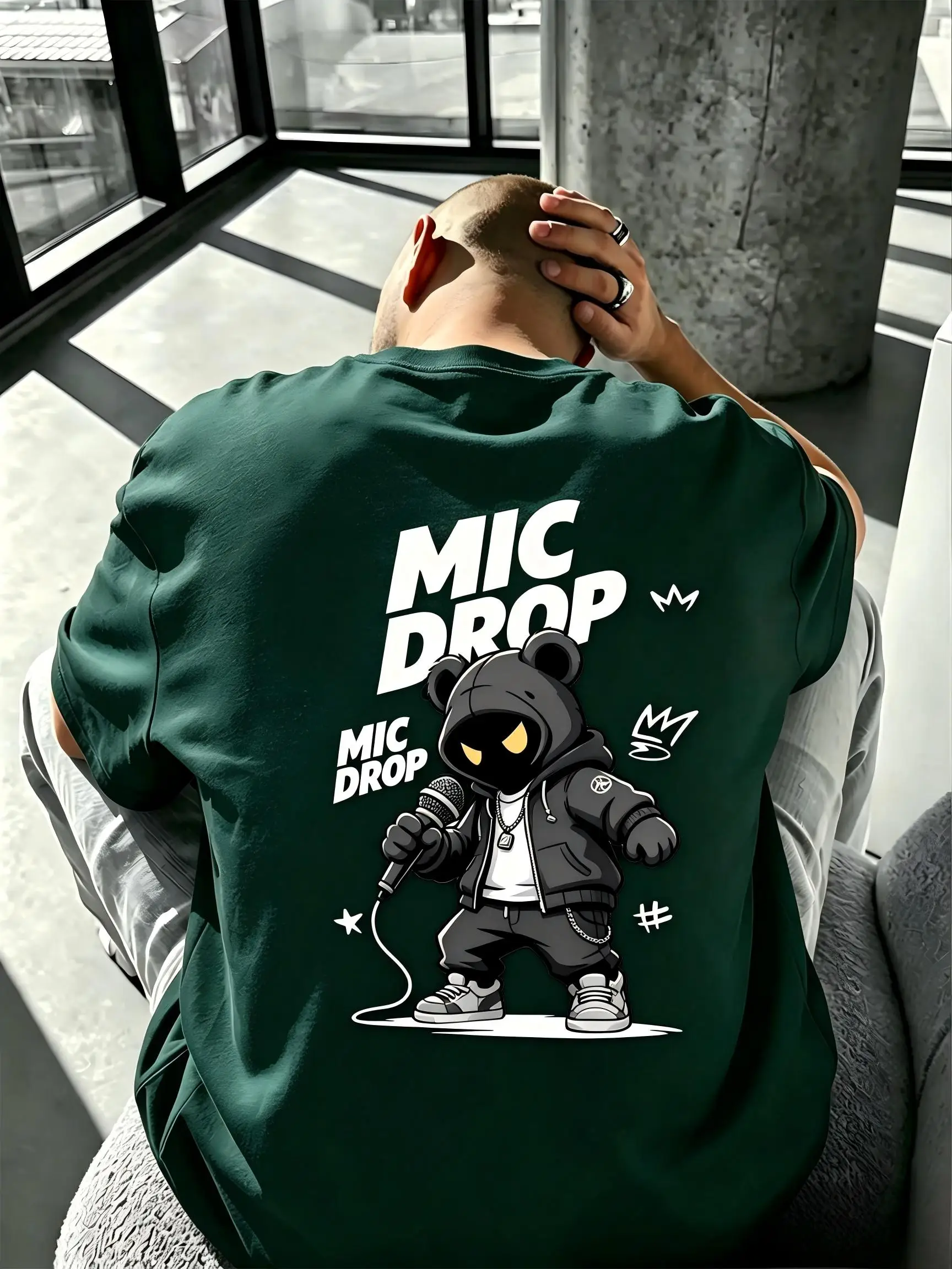 New Fashionable American Men's Summer Bear Microphone Letter Print Soft Breathable Round Neck T-shirt Outdoor Street Top